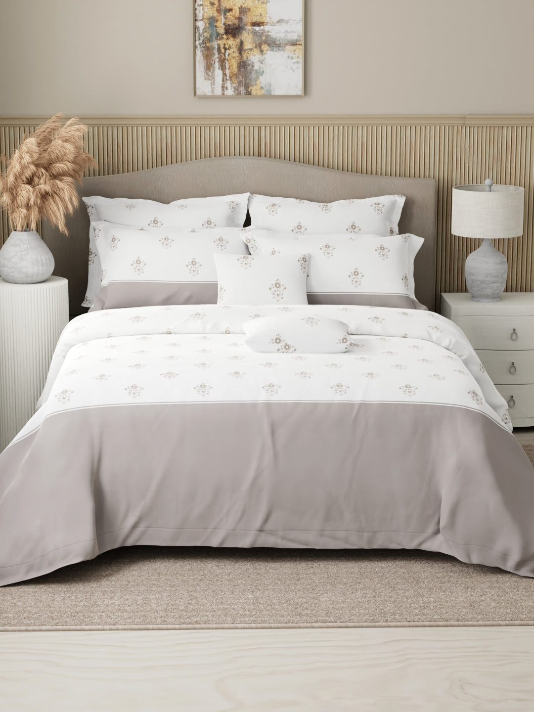 Royal Essence 100% Cotton 400 TC Grey & White Floral King Bedsheet with 4 Pillow Covers & 2 Cushion Covers