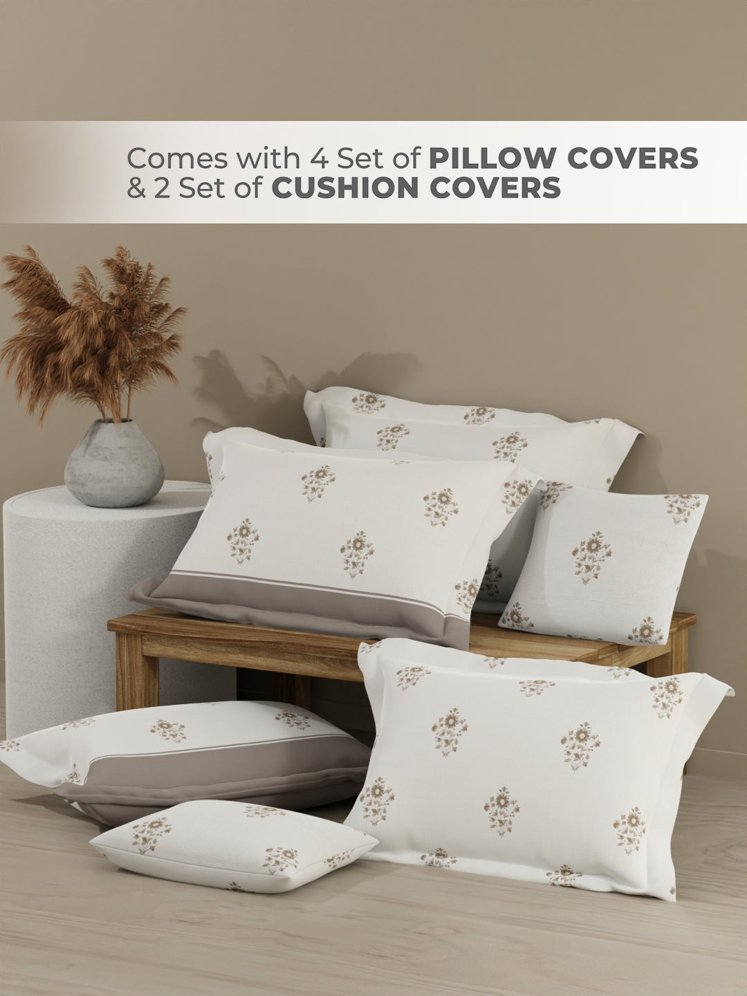 Royal Essence 100% Cotton 400 TC Grey & White Floral King Bedsheet with 4 Pillow Covers & 2 Cushion Covers