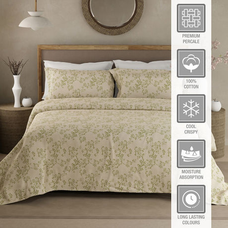 Cottage Garden 100% Organic Cotton 300 TC King Bedsheet with 2 Pillow Covers - Beige & Green Floral