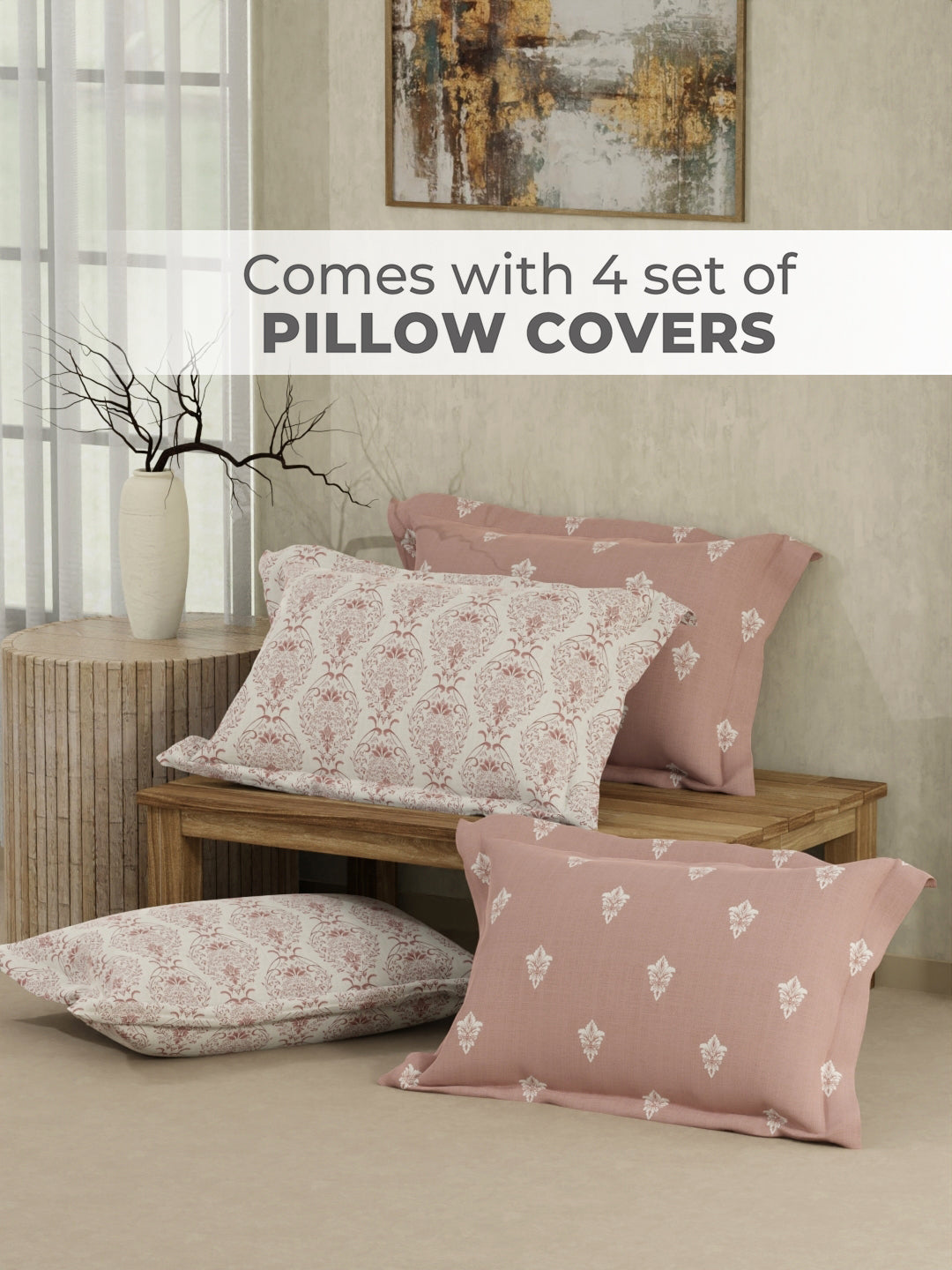 Zen Living 500 TC TENCEL™ King Size Bedsheet with 4 Pillow Covers (Double Marrow Stitch) - Pink Ethnic Print