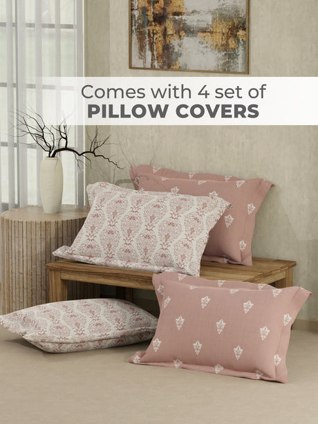 Zen Living 500 TC TENCEL™ King Size Bedsheet with 4 Pillow Covers (Double Marrow Stitch) - Pink Ethnic Print