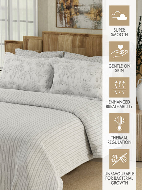Zen Living 500 TC TENCEL™ King Size Bedsheet with 4 Pillow Covers (Double Marrow Stitch) - White & Grey Stripes