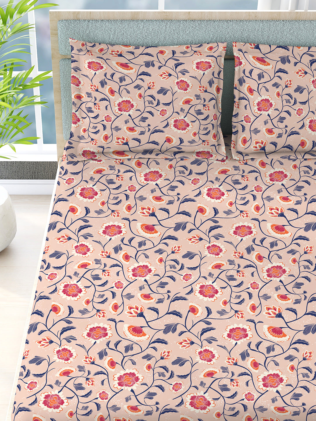 Siesta 100% Cotton 200 TC Pink Floral Print King Bedsheet with 2 Pillow Covers