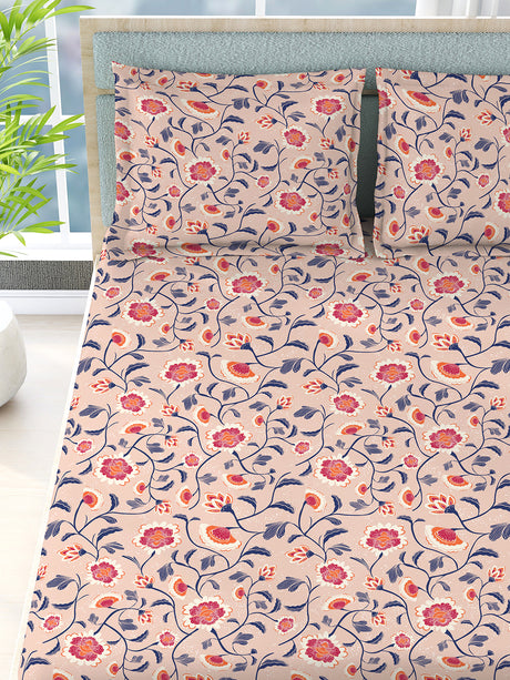 Siesta 100% Cotton 200 TC Pink Floral Print King Bedsheet with 2 Pillow Covers