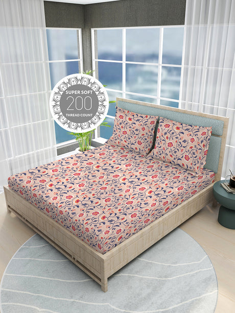 Siesta 100% Cotton 200 TC Pink Floral Print King Bedsheet with 2 Pillow Covers