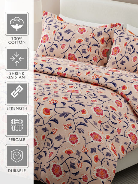Siesta 100% Cotton 200 TC Pink Floral Print King Bedsheet with 2 Pillow Covers