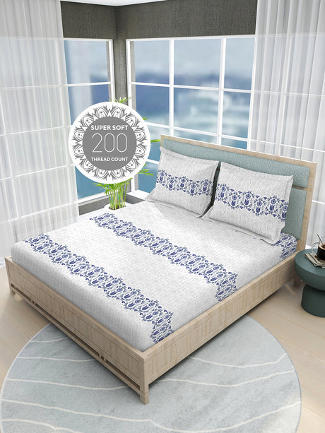 Siesta 100% Cotton 200 TC White & Blue Ethnic Print King Bedsheet with 2 Pillow Covers