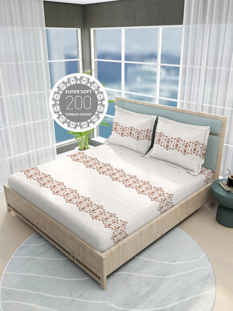 Siesta 100% Cotton 200 TC White Ethnic Print King Bedsheet with 2 Pillow Covers
