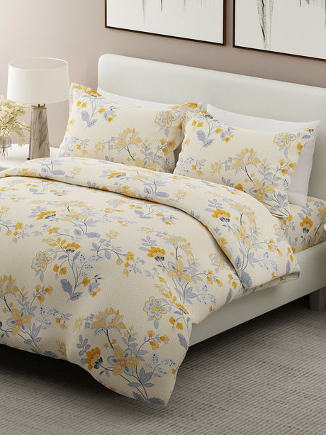 Siesta 100% Cotton 200 TC Yellow Floral Print King Bedsheet with 2 Pillow Covers