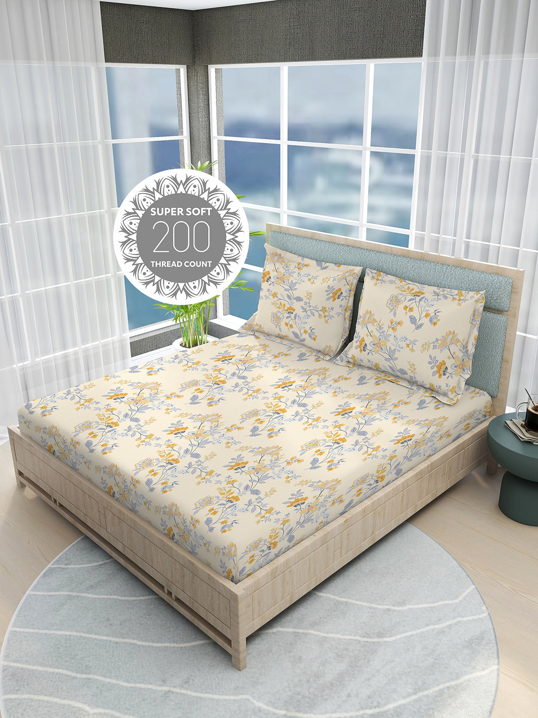 Siesta 100% Cotton 200 TC Yellow Floral Print King Bedsheet with 2 Pillow Covers