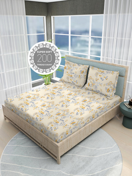 Siesta 100% Cotton 200 TC Yellow Floral Print King Bedsheet with 2 Pillow Covers