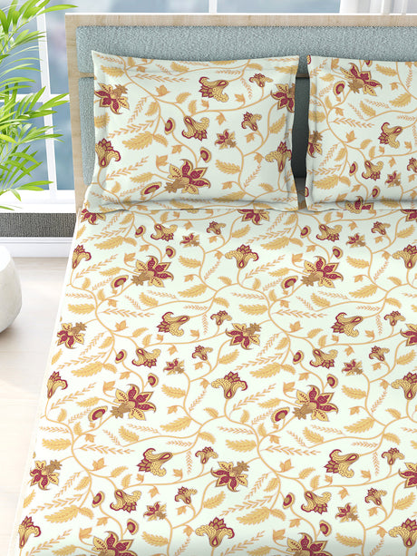 Siesta 100% Cotton 200 TC White & Yellow Floral Print King Bedsheet with 2 Pillow Covers