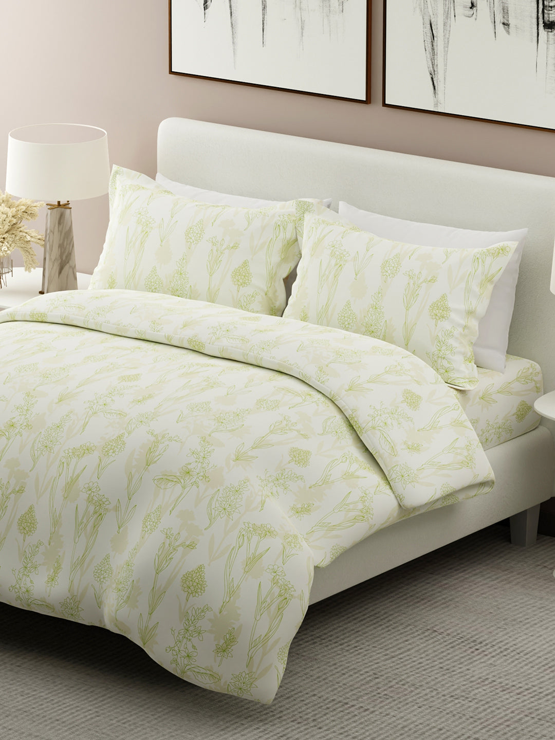 Nature Bouquet 100% Cotton 300 TC White Floral Print Scented King Bedsheet with 2 Pillow Covers (Green Apple Fragrance)