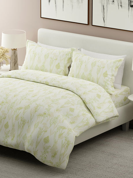 Nature Bouquet 100% Cotton 300 TC White Floral Print Scented King Bedsheet with 2 Pillow Covers (Green Apple Fragrance)