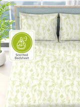 Nature Bouquet 100% Cotton 300 TC White Floral Print Scented King Bedsheet with 2 Pillow Covers (Green Apple Fragrance)