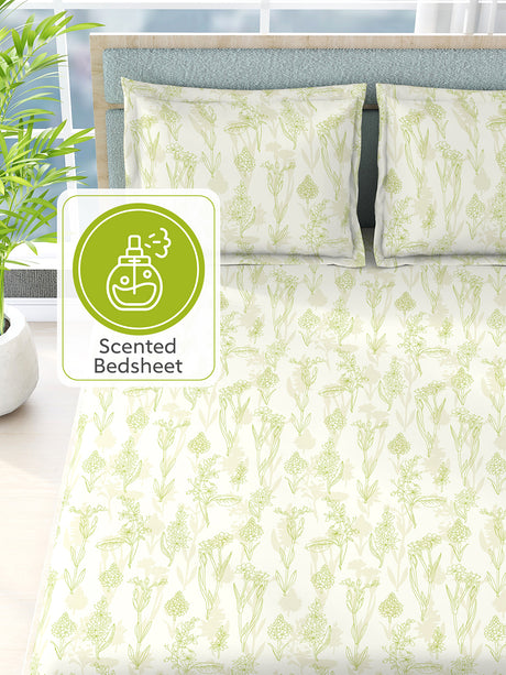 Nature Bouquet 100% Cotton 300 TC White Floral Print Scented King Bedsheet with 2 Pillow Covers (Green Apple Fragrance)