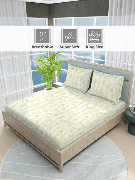 Nature Bouquet 100% Cotton 300 TC White Floral Print Scented King Bedsheet with 2 Pillow Covers (Green Apple Fragrance)