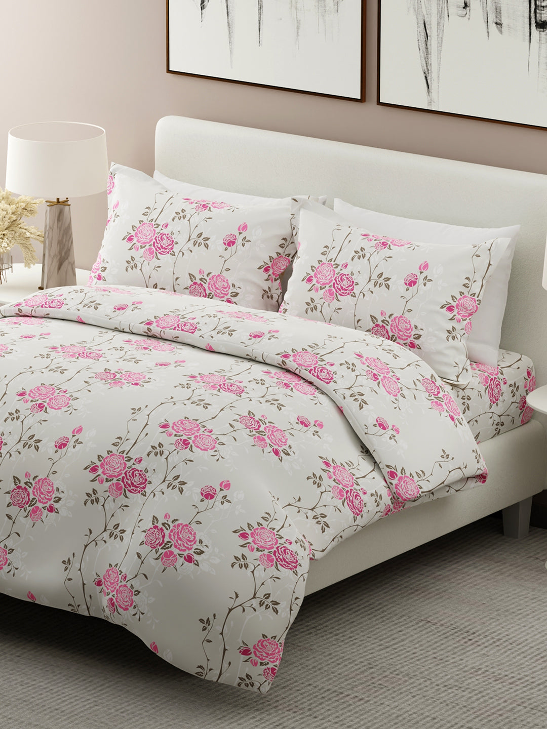 Nature Bouquet 100% Cotton 300 TC Floral Print Scented King Bedsheet with 2 Pillow Covers (Rose Fragrance)