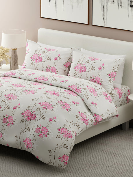 Nature Bouquet 100% Cotton 300 TC Floral Print Scented King Bedsheet with 2 Pillow Covers (Rose Fragrance)