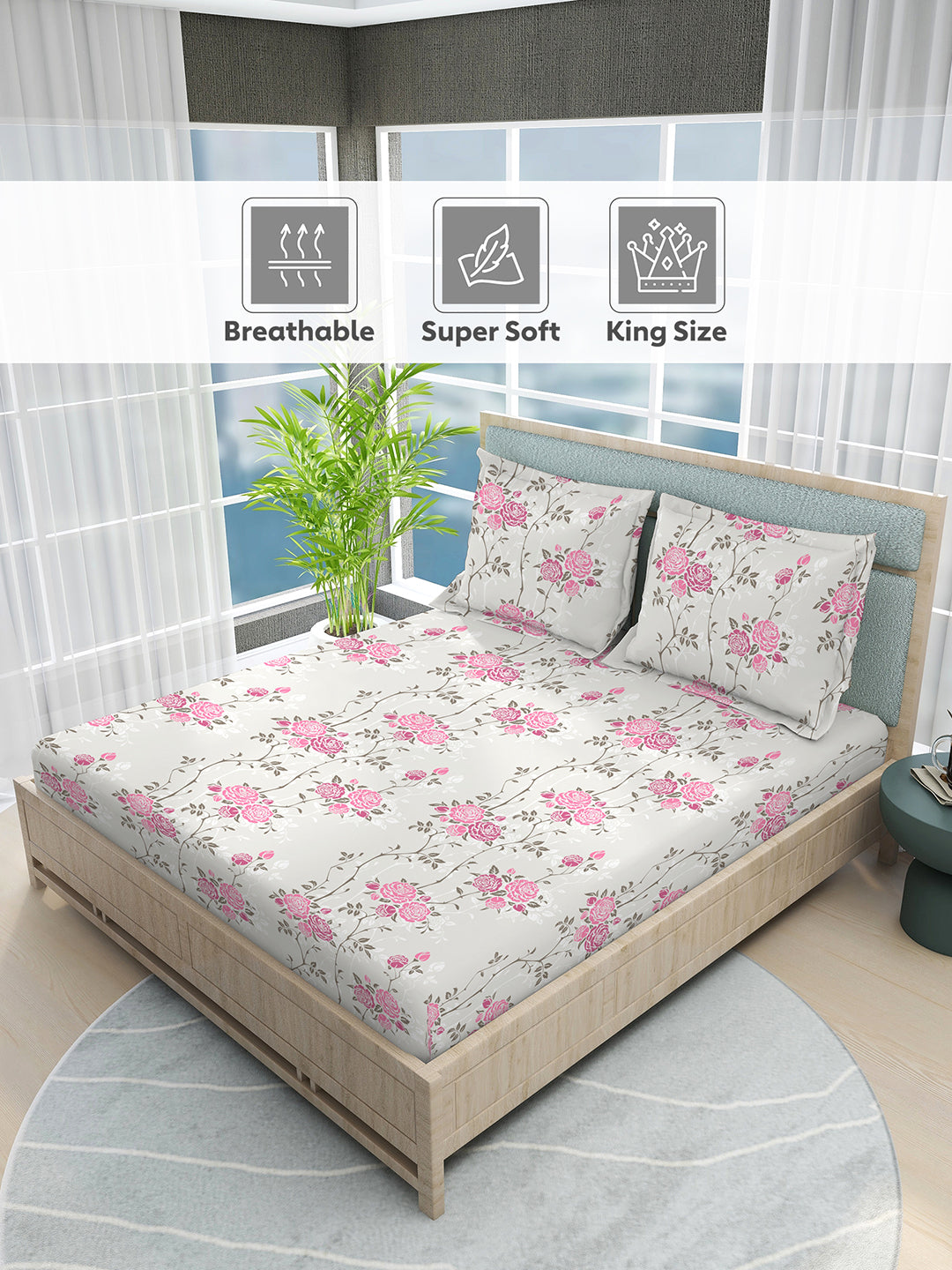 Nature Bouquet 100% Cotton 300 TC Floral Print Scented King Bedsheet with 2 Pillow Covers (Rose Fragrance)