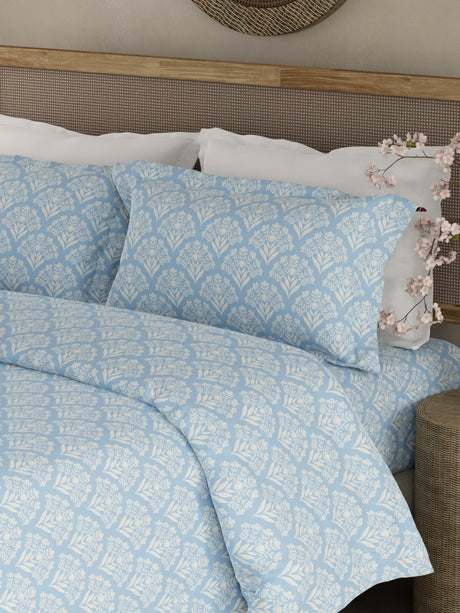 Cottage Garden 100% Cotton 300 TC King Bedsheet with 2 Pillow Covers - Blue & White Floral