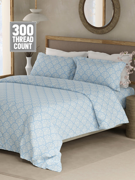 Cottage Garden 100% Cotton 300 TC King Bedsheet with 2 Pillow Covers - Blue & White Floral