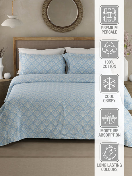 Cottage Garden 100% Cotton 300 TC King Bedsheet with 2 Pillow Covers - Blue & White Floral
