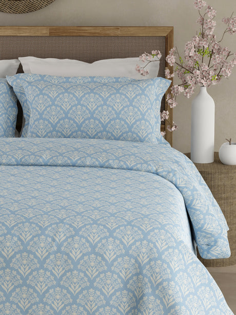 Cottage Garden 100% Cotton 300 TC King Bedsheet with 2 Pillow Covers - Blue & White Floral