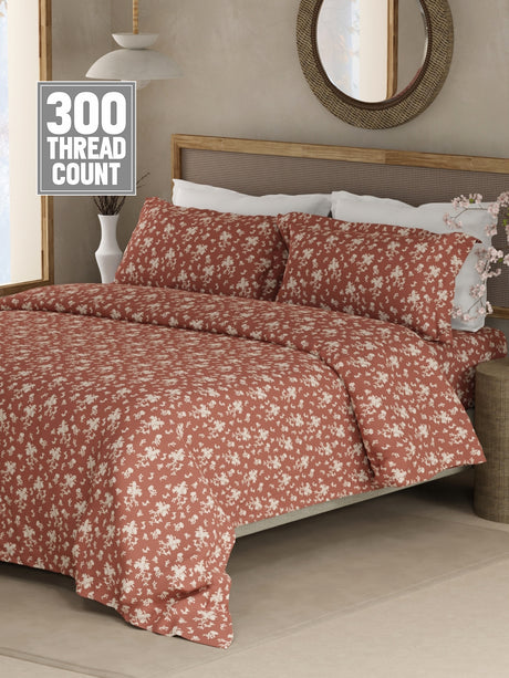 Cottage Garden 100% Cotton 300 TC King Bedsheet with 2 Pillow Covers - Brown & White Floral