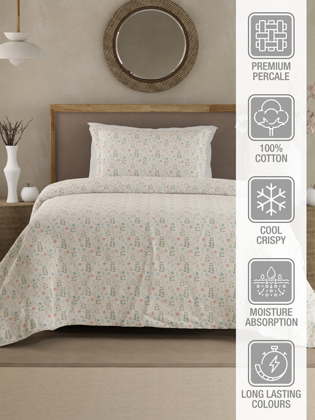 Cottage Garden 100% Cotton 300 TC Single Bedsheet with 1 Pillow Cover - Pink Floral