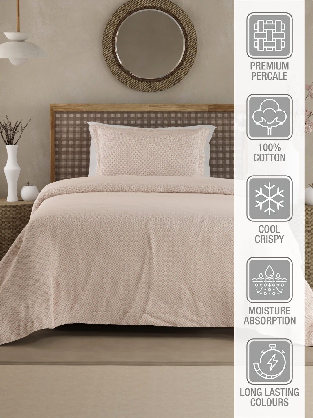 Cottage Garden 100% Cotton 300 TC Single Bedsheet with 1 Pillow Cover - White Geometrical Print