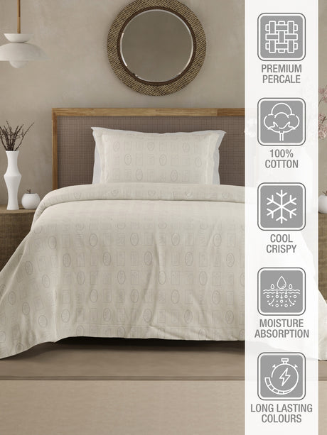 Cottage Garden 100% Cotton 300 TC Single Bedsheet with 1 Pillow Cover - White Geometrical Print