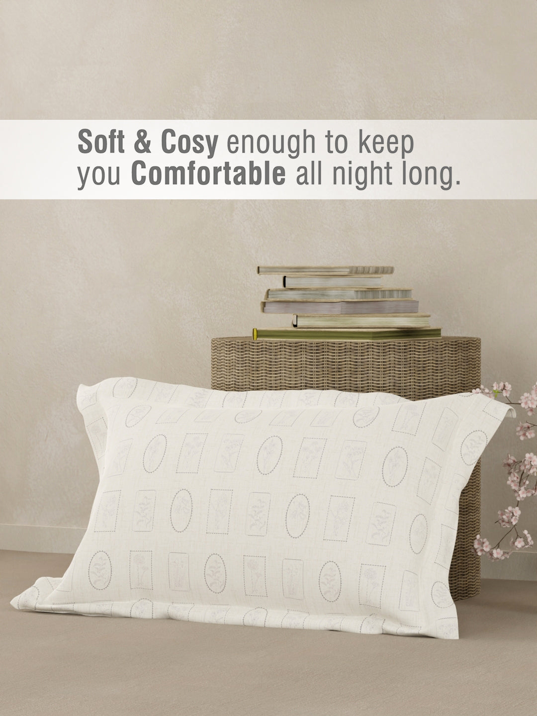 Cottage Garden 100% Cotton 300 TC Single Bedsheet with 1 Pillow Cover - White Geometrical Print