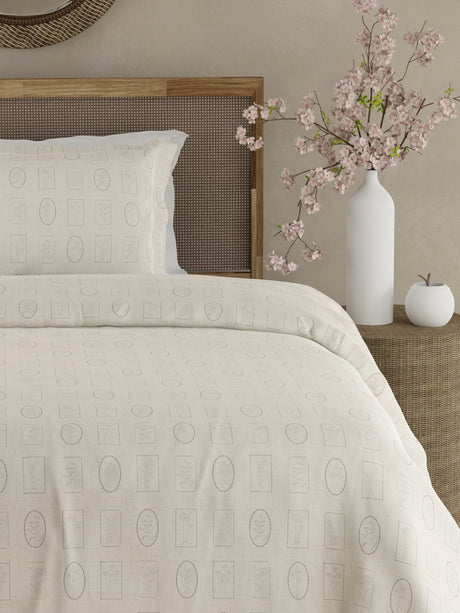 Cottage Garden 100% Cotton 300 TC Single Bedsheet with 1 Pillow Cover - White Geometrical Print