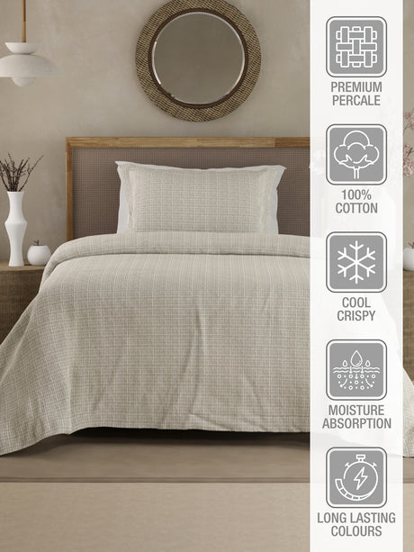 Cottage Garden 100% Cotton 300 TC Single Bedsheet with 1 Pillow Cover - Grey Geometrical Print