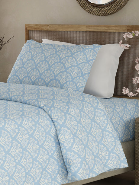 Cottage Garden 100% Cotton 300 TC Single Bedsheet with 1 Pillow Cover - Blue & White Floral