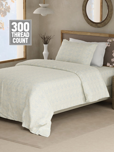 Cottage Garden 100% Cotton 300 TC Single Bedsheet with 1 Pillow Cover - Blue & White Geometrical Print