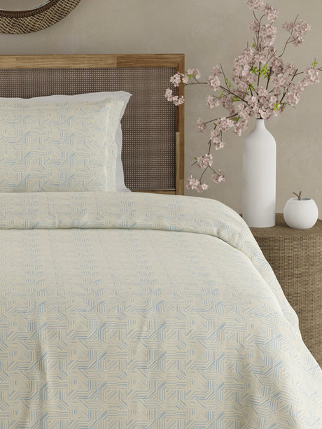 Cottage Garden 100% Cotton 300 TC Single Bedsheet with 1 Pillow Cover - Blue & White Geometrical Print