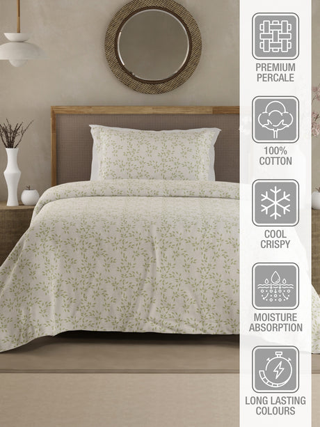 Cottage Garden 100% Cotton 300 TC Single Bedsheet with 1 Pillow Cover - Green & White Floral