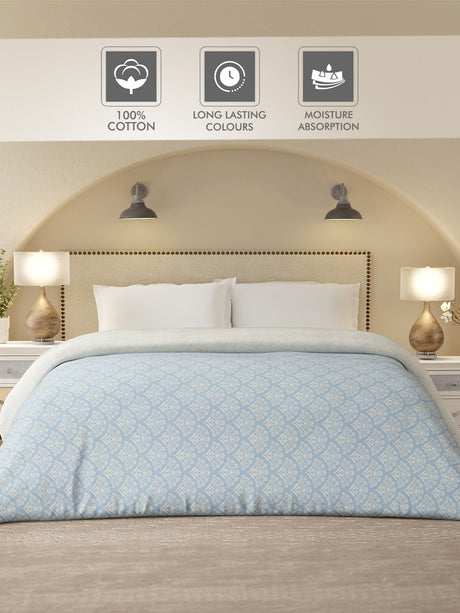 Cottage Garden 100% Cotton 300 TC Blue & Beige Printed Double Reversible Comforter - Pack of 1 (108 L x 90 W inches)