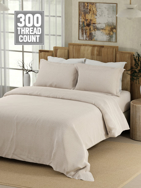 Gardenia Augusta 100% Cotton 300 TC Beige & White Digitally Printed Super King Bedsheet with 2 Pillow Covers