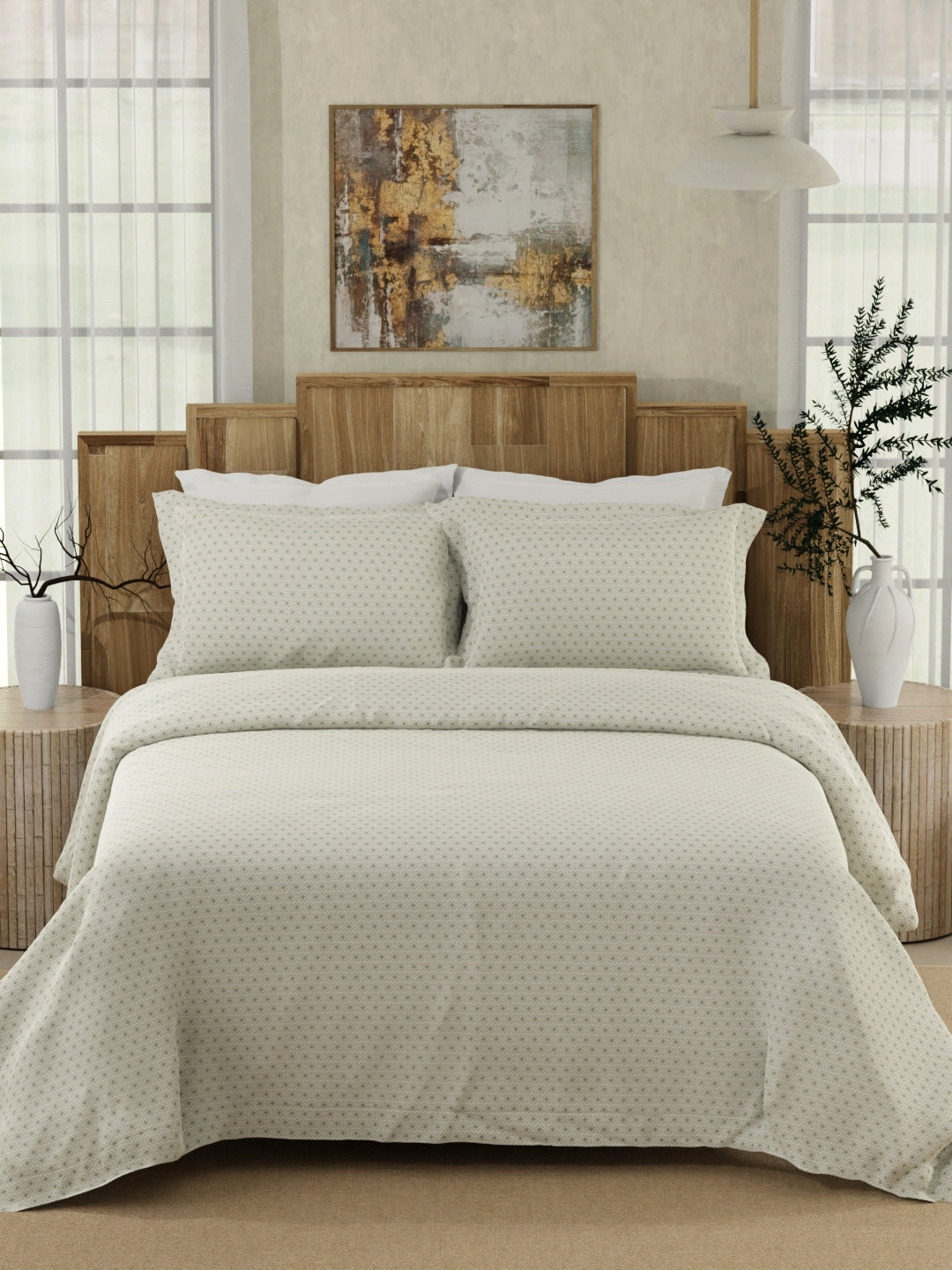 Gardenia Augusta 100% Cotton 300 TC Grey & White Digitally Printed Super King Bedsheet with 2 Pillow Covers