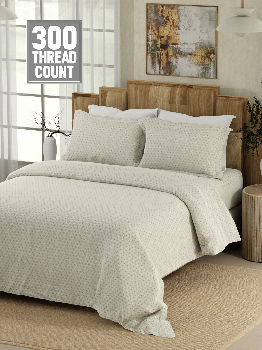 Gardenia Augusta 100% Cotton 300 TC Grey & White Digitally Printed Super King Bedsheet with 2 Pillow Covers