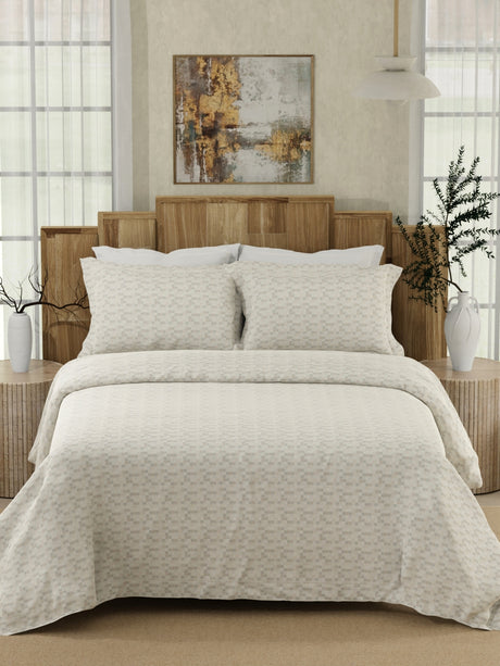 Gardenia Augusta 100% Cotton 300 TC White & Beige Digitally Printed Super King Bedsheet with 2 Pillow Covers
