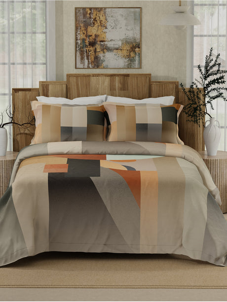 Gardenia Augusta 100% Cotton 300 TC Grey & Beige Digitally Printed King Bedsheet with 2 Pillow Covers