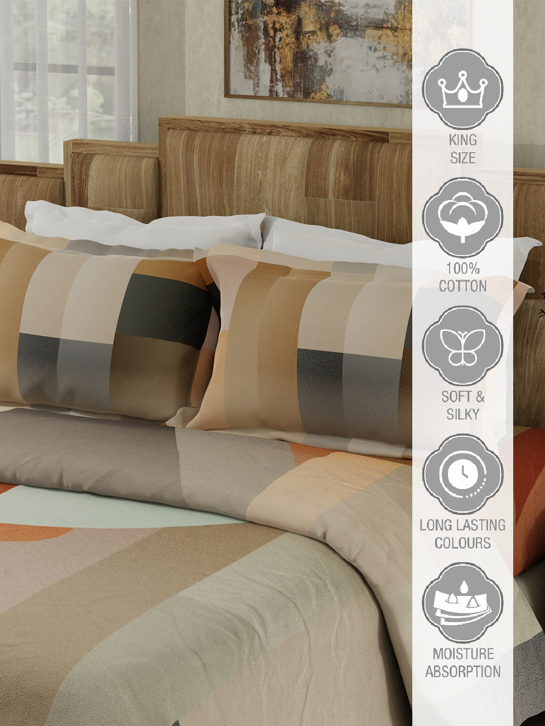 Gardenia Augusta 100% Cotton 300 TC Grey & Beige Digitally Printed King Bedsheet with 2 Pillow Covers