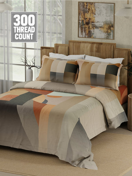 Gardenia Augusta 100% Cotton 300 TC Grey & Beige Digitally Printed King Bedsheet with 2 Pillow Covers