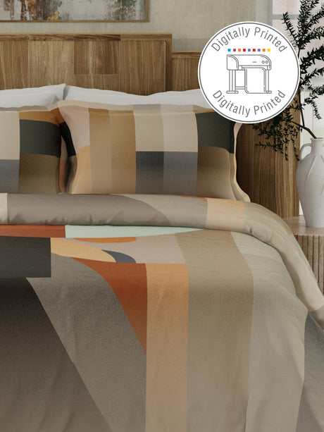 Gardenia Augusta 100% Cotton 300 TC Grey & Beige Digitally Printed King Bedsheet with 2 Pillow Covers