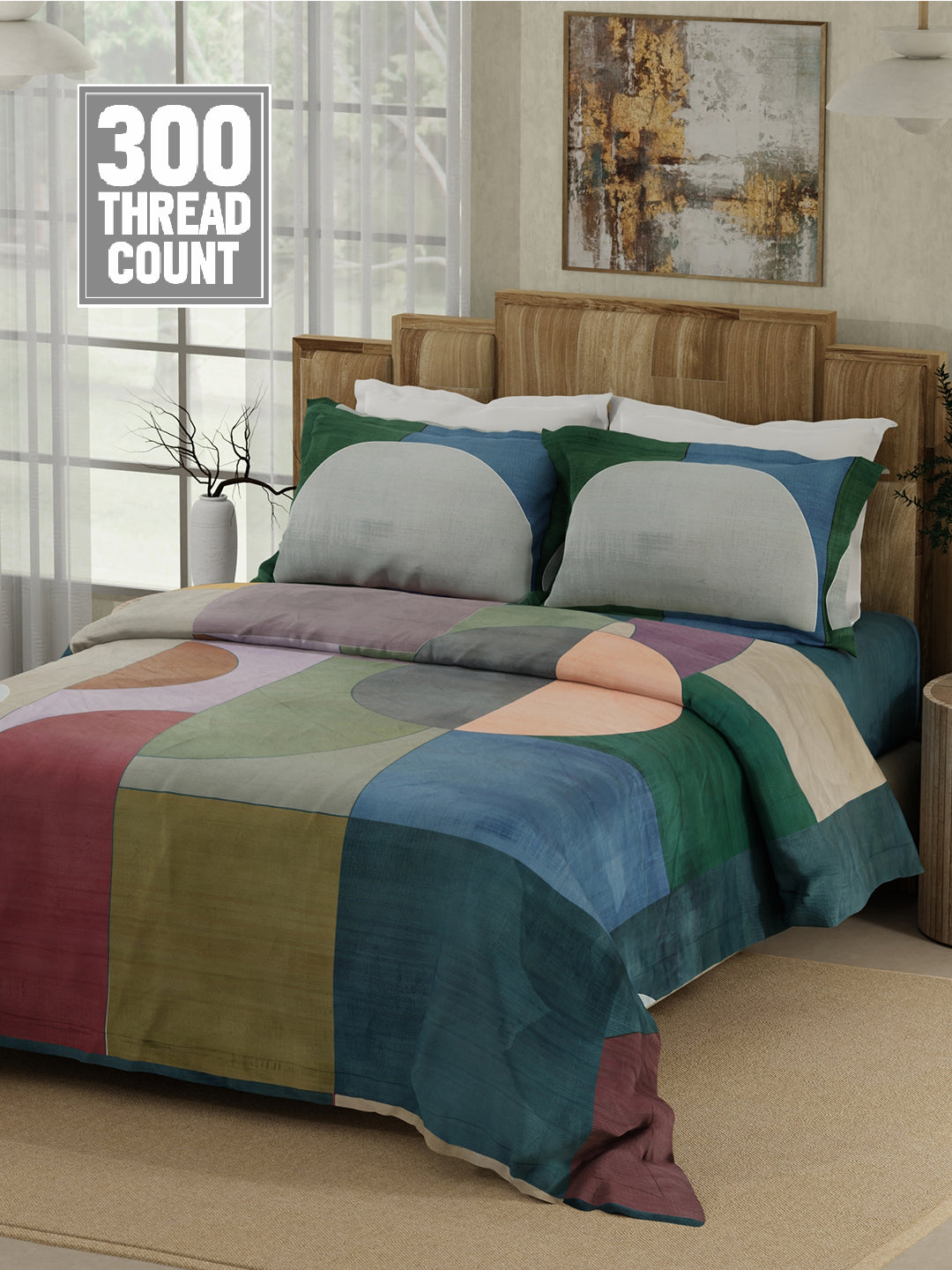 Gardenia Augusta 100% Cotton 300 TC Multicolor Digitally Printed King Bedsheet with 2 Pillow Covers