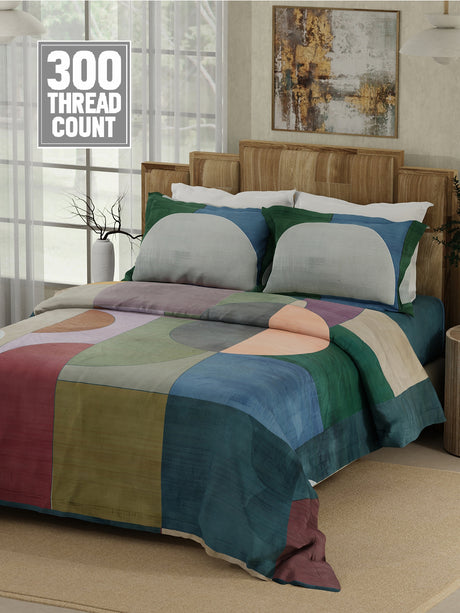 Gardenia Augusta 100% Cotton 300 TC Multicolor Digitally Printed King Bedsheet with 2 Pillow Covers